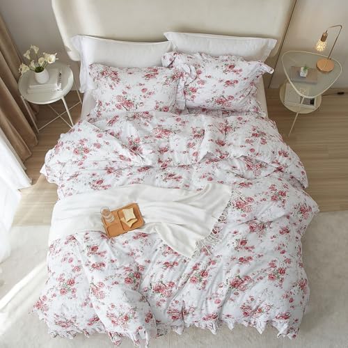 3 Pieces Ruffle Duvet Cover Set Full(80"x90"), Red Rose Flower