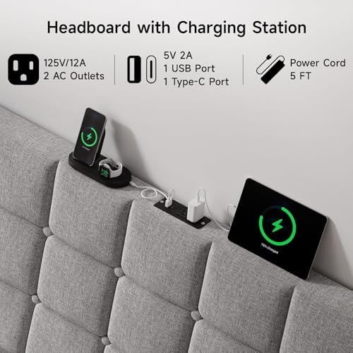 ONBRILL Ergonomic Headboard Queen Size with Charging Station, Light Grey