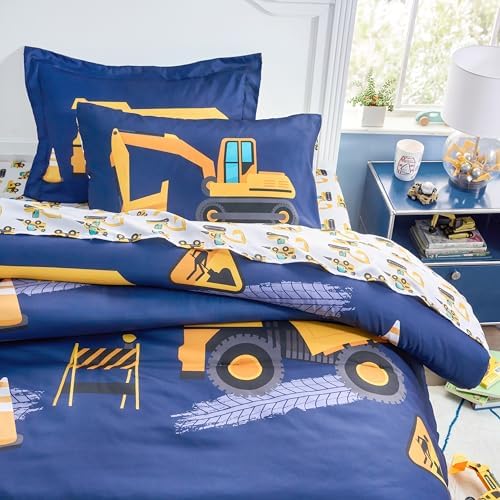 Joiedomi Kids Comforter Set Bedding Set for Boys Girls Super Soft Microfiber Bed in a Bag with Comforter Sheets Pillowcase Sham, Dark Blue Construction Vehicle, Twin