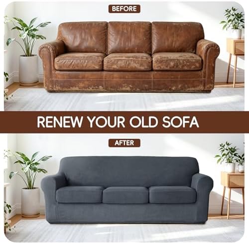 4 Pieces Stretch Couch Covers for 3 Cushion Sofa Cover Decorative Sofa Slipcover Non Slip Washable Thick Soft Elastic Furniture Protector for Pets,(Large, Dark Gray)