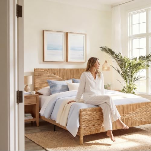 Brafab Boho Queen Rattan Bed Frame with Headboard and Footboard