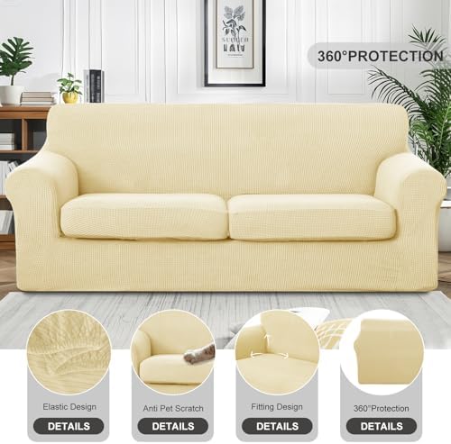 3 Pieces Stretch Couch Cover for 2 Cushion, Sofa, Beige