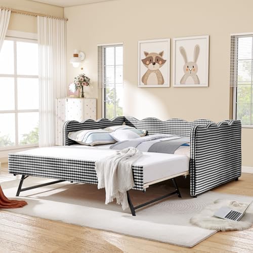 Full Size Daybed with Pop Up Trundle, Linen Gingham Full to King Daybed with USB Ports, Upholstered Day Bed Frame, Modern Sofa Bed for Living Room/Bedroom/Guest Room, No Box Spring Needed, Black