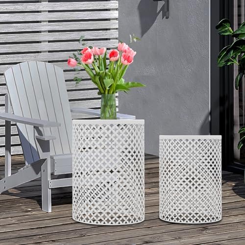 Metal Frame Accent Table,Cylindrical Outdoor Side Table,Decorative Garden Stool,Set of 2 Nesting Side Table,Modern Decorative Garden Stool for Patio Balconies Cafes Parks (2, White)