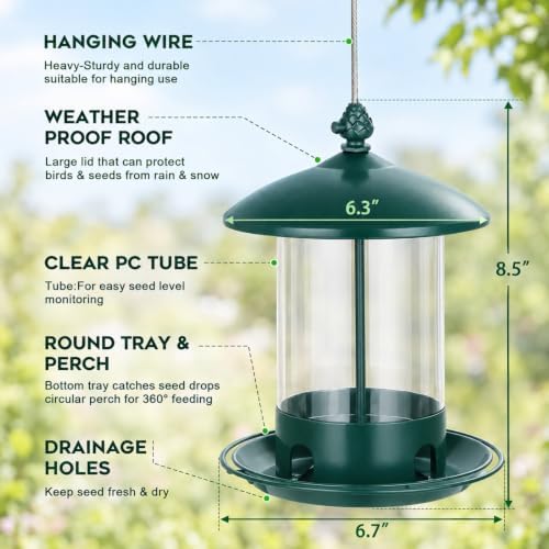 Gbekery Metal Bird Feeders for Outdoors Hanging, 360° Feeding Tray, Green