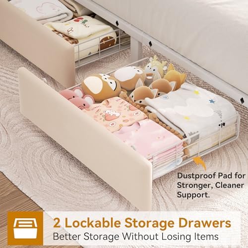 Twin Upholstered LED Bed Frame with 2 Storage Drawers and 2-Tier Storage Bookcase Headboard, Velvet Princess Platform Bed for Kids/Girls/Boys, Heavy Duty Metal Support, No Box Spring Needed, Beige