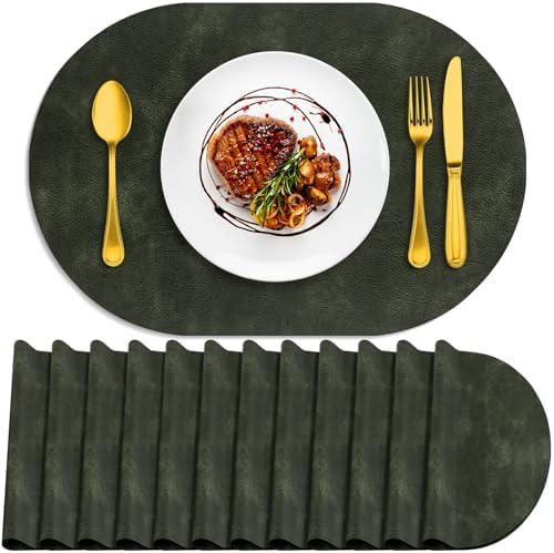 ADRIMER Oval Placemats Set of 12, Wipeable Faux Leather, Olive Green