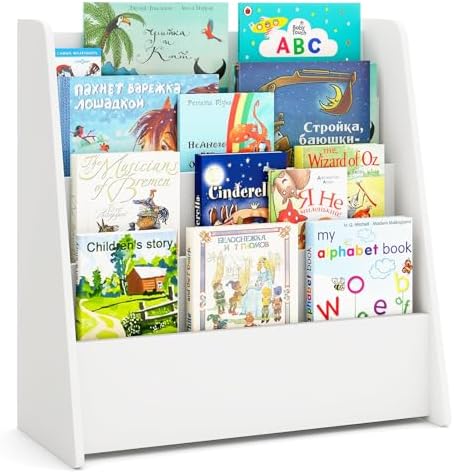 Costzon 4-Tier Kids Bookshelf, Front Facing Children Bookcase with Deep Compartments, Magazine Storage Rack for Kids Bedroom, Playroom, Nursery, Classroom, Kindergarten (White)