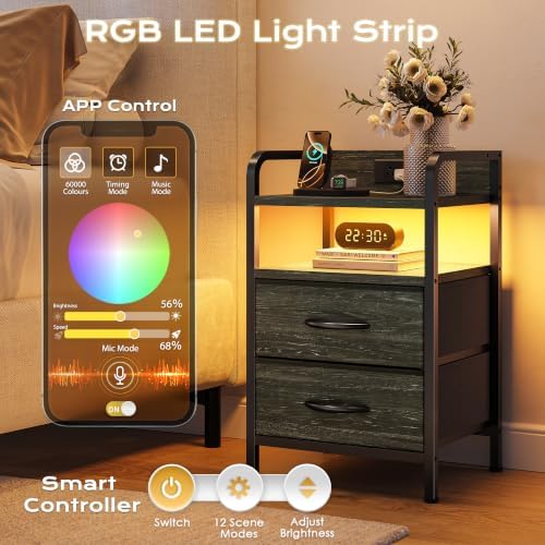 Huuger Nightstands Set of 2, Night Stand with LED Lights, Charging Station