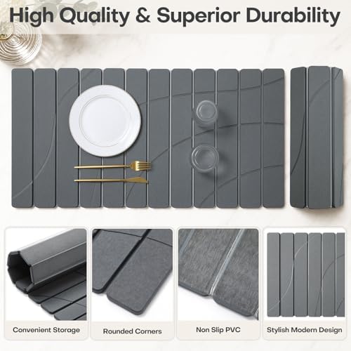 Extra Large Stone Dish Drying Mat for Kitchen Counter, Quick Dry Stone Dish Mats, Foldable Water Absorbing Diatomaceous Drying Pad for Countertop Bottles Utensils Bathroom (Flow Line Gray 32"x16")