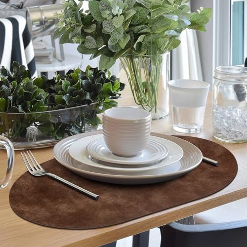ADRIMER Oval Placemats Set of 4, Wipeable Faux Leather, Brown
