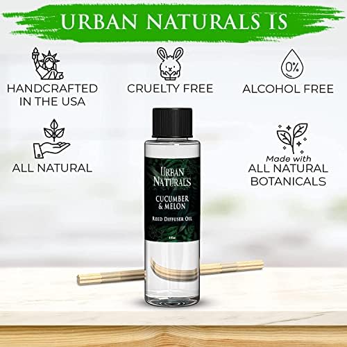 Urban Naturals Reed Diffuser Oil Refill Cucumber Melon, Crisp Cucumber, Juicy Melon, Refreshing Summer Scent, 4 oz + Free Reed Sticks, Made in the USA