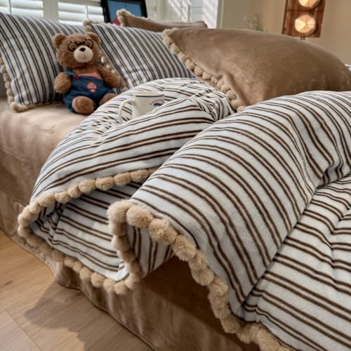 AOJIM Milk Velvet Duvet Cover Set Twin 3 Pieces Retro Brown Striped Bedding