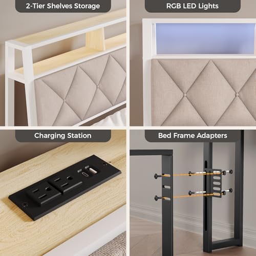 Headboard King Size with Storage, Charging Station & Lights, White & Beige