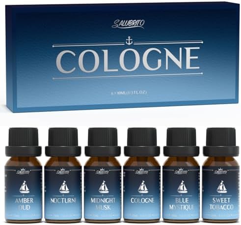 SALUBRITO Cologne Fragrance Oils, Premium Essential Oil Set for Diffuser, Soap, Candle Making Scents, Amber Oud, Midnight Musk, Blue Mystique, Sweet Tobacco, Nocturne, Cologne