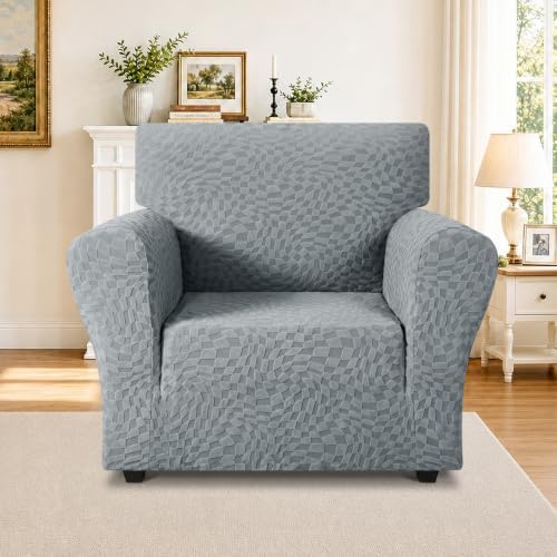 ZNSAYOTX 1 Piece Stretch Chair Cover with Arms (34"-44"), New Plaid Armchair Cover with Elastic Band for Living Room, Ultimate Soft Cozy Washable Chair Slipcover Form Fit Protector, Light Grey