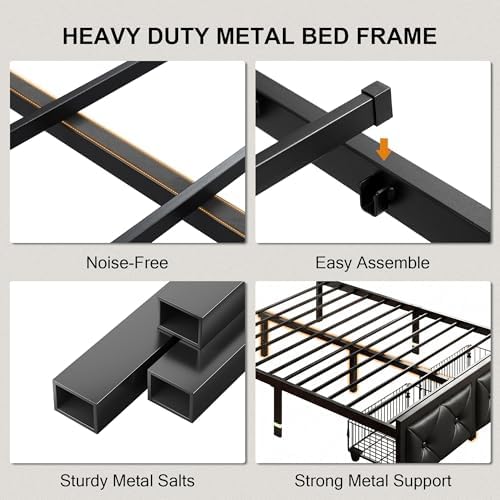 Einhomn King Bed Frame with Storage Drawer, Metal Platform Bed with Charging Station, Upholstered Faux Leather Button Tufted Storage Headboard, No Box Spring Needed, Noise-Free, Easy Assembly, Black