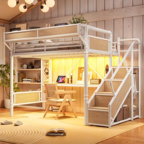 Full Size Metal Loft Bed Frame with Storage Staircase & Built-in Desk & Wardrobe, Loft Bed with Pegboard & Mesh Storage Baskets & Slats, No Box Spring Required, Easy Assembly, for Bedroom, White