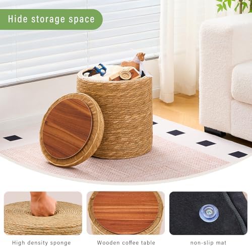 14" Natural Grass Round Storage Pouf Ottoman Handwoven Pouffe Rattan Stool