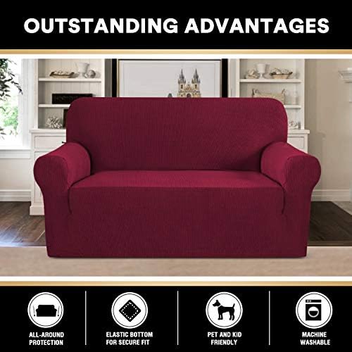 PrinceDeco Stretch Loveseat Sofa Cover Slipcover Couch Cover for 2 Cushion Sofa Washable Sofa Cover for Pets Friendly Furniture Protector Covers with Non Slip Bottom(Loveseat, Burgundy Red)