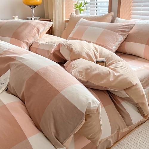 AOJIM Pink Buffalo Plaid Duvet Cover Set King Size 100% Washed Cotton Zipper Bedding Set 3 Piece, Soft Checkered Comforter Cover and 2 Pillowcases Vintage Farmhouse Girls Women Bedding Duvet Cover