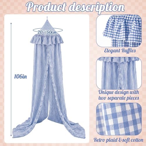 SmoothNovelty Gingham Plaid Bed Canopy, Blue White, Round