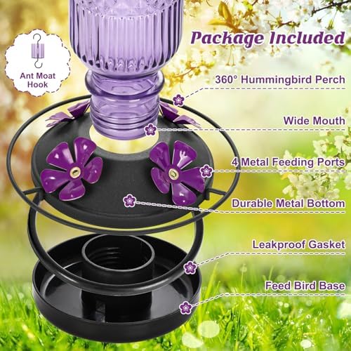FEED GARDEN Glass Hummingbird Feeder for Outdoors Hanging, 16 oz Leak-Proof Nectar Feeder with Bee Guards & Ant Moat, 4 Metal Flower Feeding Ports, 360° Perch Ring, Easy Refill & Clean, Purple 2 Pack