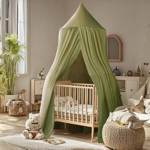 Cotton Kids Bed Canopy, Nursery Room Baby Crib Hanging Curtain Mosquito Net Hideaway Bedding Children Reading Nook Decoration, Pastel Neutral Color for Boys & Girls (Small Green)