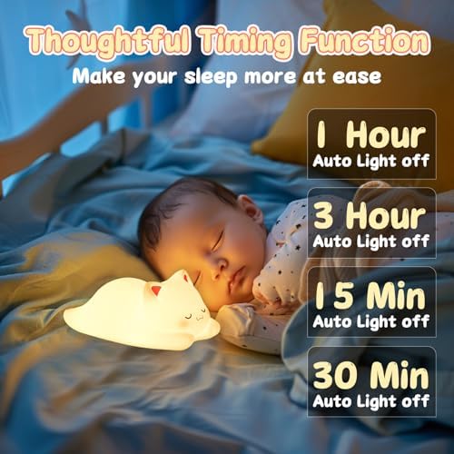 LOVERUIS Cute Night Light for Kids Cat Night-Light Remote Control Baby Girl Squishy NightLight 1/3 Hour Timer Kitty Light Dimmable Nursery Lamp Colorful Nightlight Gift for Kid Kawaii Bedroom (CAT)