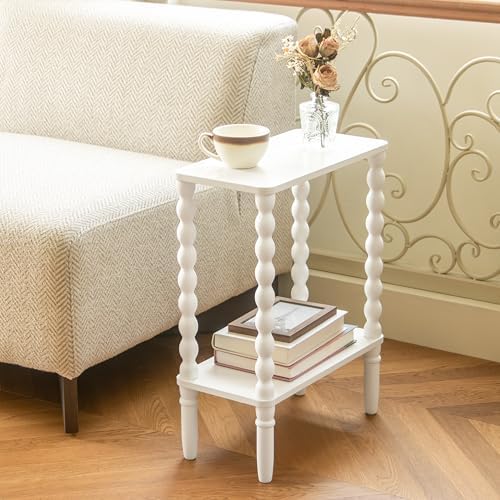 Fultyle White Narrow Side Table, Small End Table with Shelf, Bedside Table