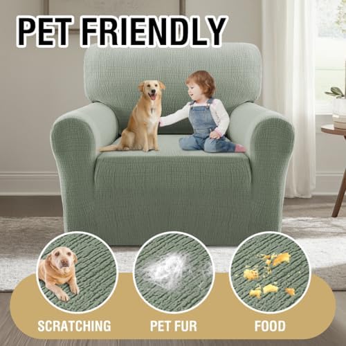 H.VERSAILTEX Jacquard Sofa Slipcover with Waterproof Seat Furniture Protector 1 Piece Stretch Sofa Covers with Elastic Bottom for Kids, Pets, Dog(Armchair, Sea Grass)