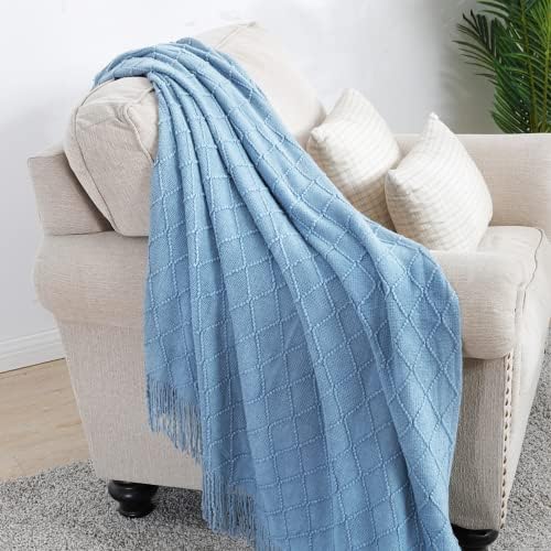 BOURINA Blue Throw Blanket 50x60 Inch Boho Knitted Soft Throw Sofa Blanket