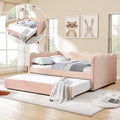 Full Size Daybed with Pop Up Trundle, Linen Gingham Full to King Daybed with USB Ports, Upholstered Day Bed Frame, Modern Sofa Bed for Living Room/Bedroom/Guest Room, No Box Spring Needed, Pink