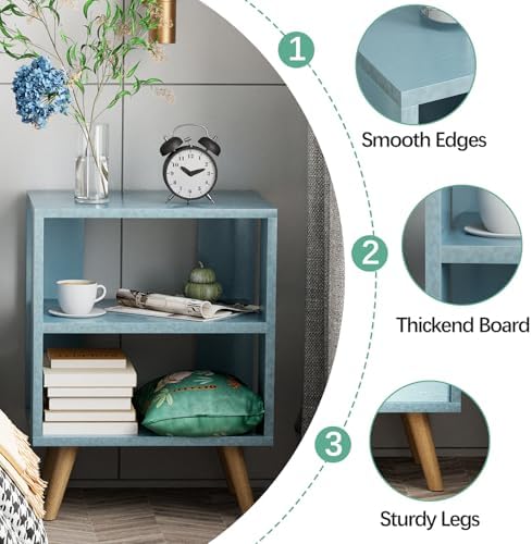 Aenuert Night Stand, Blue Kids Nightstand, Modern End Table with Open Storage, 2-Tier Nursery Bedside Table for Small Space, Living Room, Bedroom