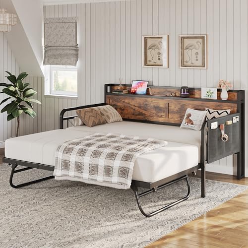 LIKIMIO Twin Daybed with Pop Up Trundle & Charging Station & Storage Shelf