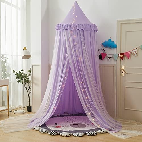 VETHIN Bed Canopy Double Layer Princess Round Dome Dreamy Mosquito Net Bedding Girls Room Castle Play Tent Hanging House Decor Reading Nook Canopies(Purple/White)