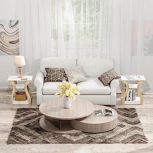 FROMJBEST End Tables Living Room Set of 2 with Charging Station, White&Oak