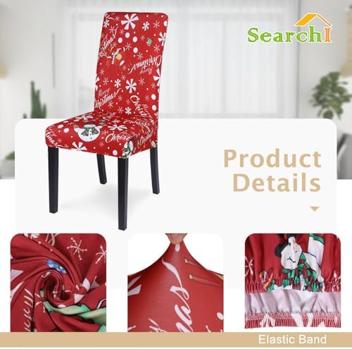 SearchI Christmas Chair Covers Set of 6, Stretch Xmas Kitchen Chair Cover Removable Washable Holiday Parsons Chair Slipcovers for Dining Room, Christmas Decoration, Ceremony(Snowman+Snowflake)