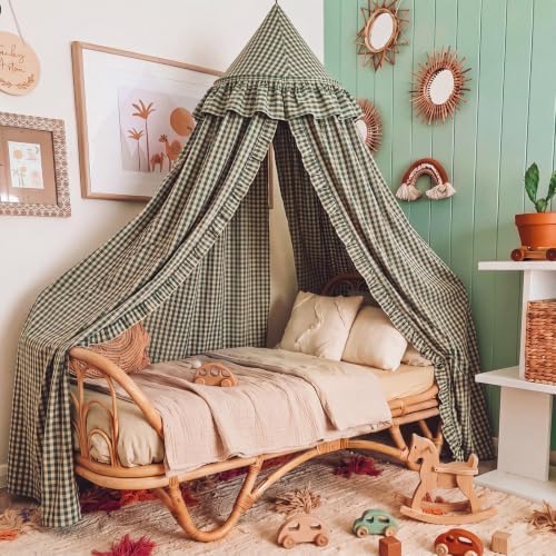 SmoothNovelty Gingham Plaid Bed Canopy, Green Yellow, Round