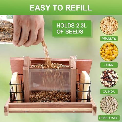 Wooden Bird Feeder for Outdoors Hanging Mount Large Capacity, Red Cedar Garden Roof Feeder with 2 Suet Cages, Cardinal Bluebird Birdfeeder for Garden Decoration Yard, Weatherproof Durable