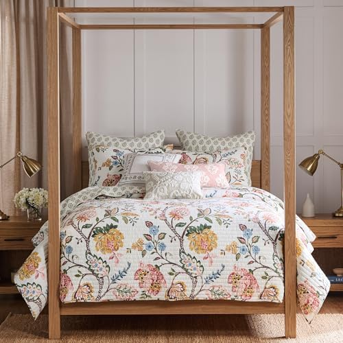 Levtex Home - Maileen Dusty Rose Quilt Set - Twin Quilt and One Standard Sham - Floral - Dusty Rose Ochre Blue Green Brown Off-White - Quilt (68x86in.) and Sham (20x26in.) - Reversible - Cotton