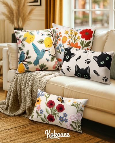 Embroidered Lumbar Pillow Cover 20x12 Inch, Cat Bone