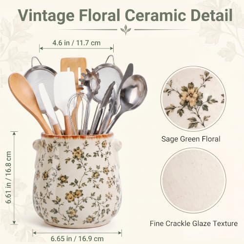 Large Ceramic Utensil Holder for Kitchen Counter, Vintage Floral Crock