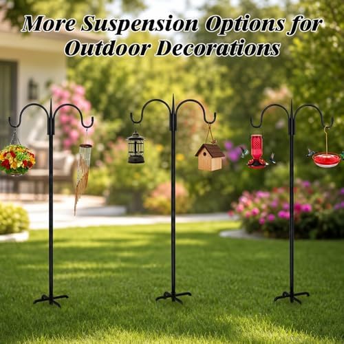 FEED GARDEN Heavy Duty Shepherds Hook 2 Pack 108" Double Hooks Adjustable (44/60/76/92/108") - Metal 5-Prong Base, 12lb Capacity -Bird Feeder Pole for Hanging Planters, Lanterns, Wind Chimes