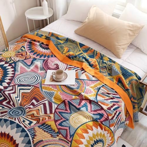 Boho Throw Blanket for Bed 100% Cotton Bohemian Blankets Ultra Soft Woven Muslin Decorative Blankets All Seasons Vintage Quilt Knitted Blanket for Sofa Chair (Colorful, 80"x90")