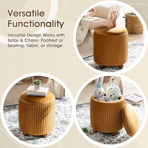 Glitzhome Round Ottoman with Storage, Pleated Velvet Small Foot Stool, Modern Accent Stool Upholstered Vanity Stool with Rubberwood Ball Feet for Bedroom Living Room Dorm Room, Brown