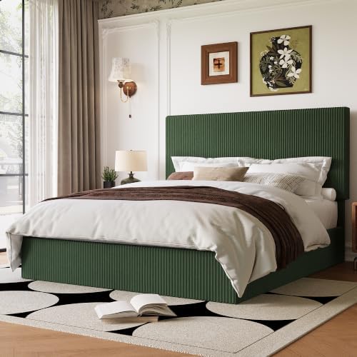 Allewie Queen Bed Frame, Adjustable Corduroy Headboard, Platform, Green