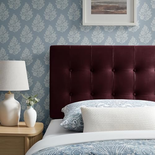 Modway Emily Twin Size Performance Velvet Headboard in Mulberry - Stain-Resistant Velvet Upholstery with Button Tufting and 7 Adjustable Height Positions