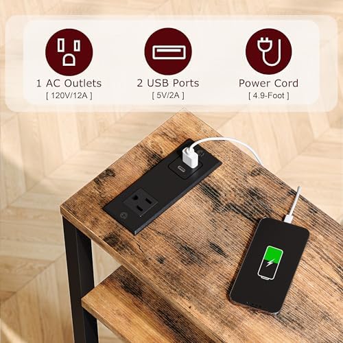 Narrow Side Table with Charging Station Slim End Table Sofa with Magazine Rack, Bedside Table for Small Spaces, 3 Tier Nightstand for Living Room Couch, Bedroom Rustic Brown LET503RE