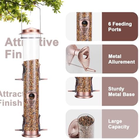 MIXXIDEA 2PK Metal Bird Feeders with 6 Feeding Ports,Tube Bird Feeder with Steel Hanger,Wild Bird Feeder for Outdoors Hanging, Attracting Birds in Your Lawn, Garden, Balcony (Antique Copper)
